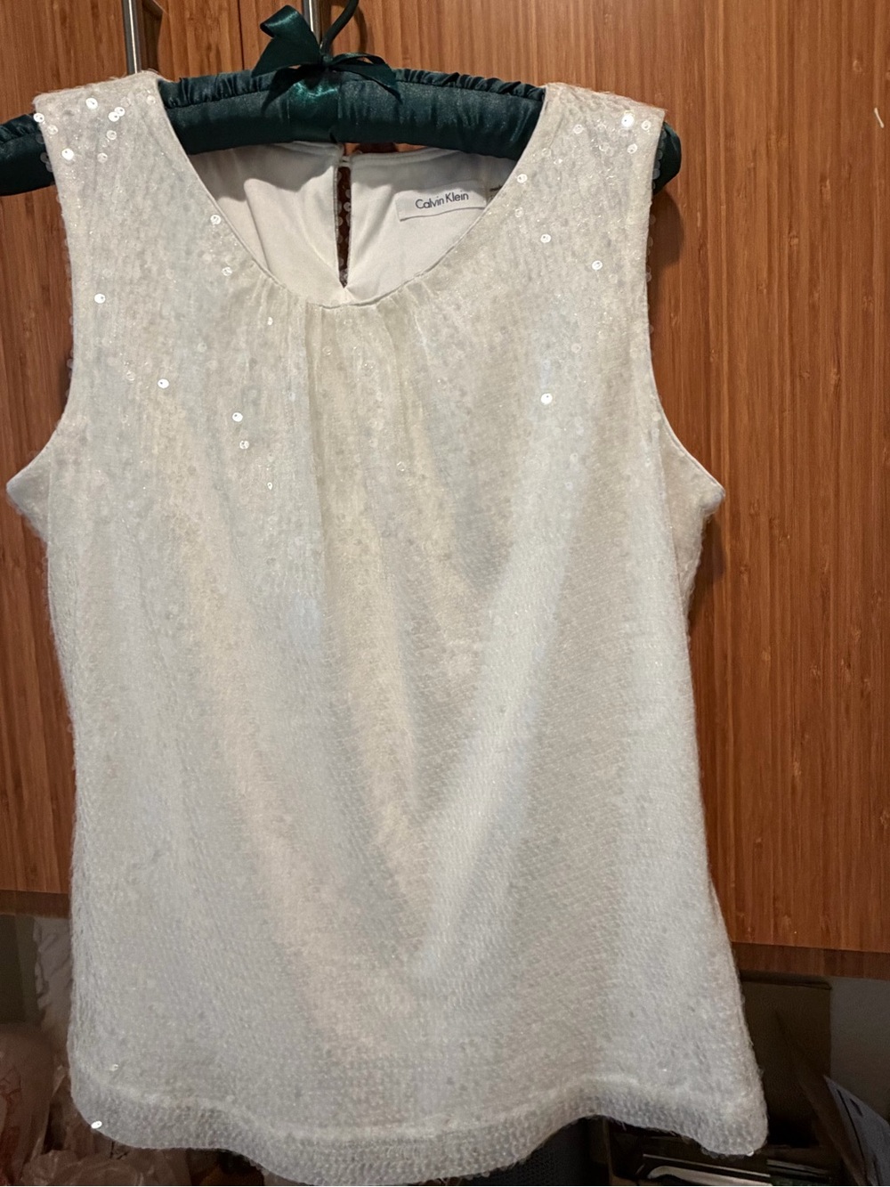 Calvin Klein White Sequin Sleeveless Top Blouse L Dressy Party Sparkle